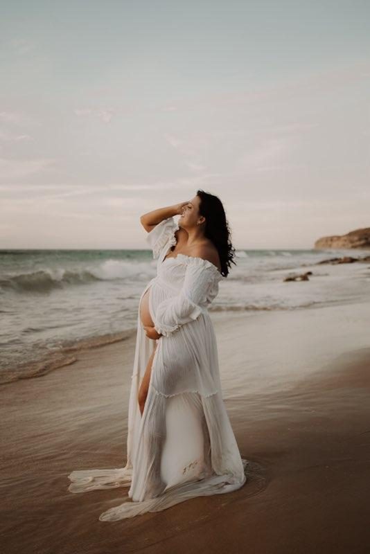 Maternity shoot, beach at golden hour