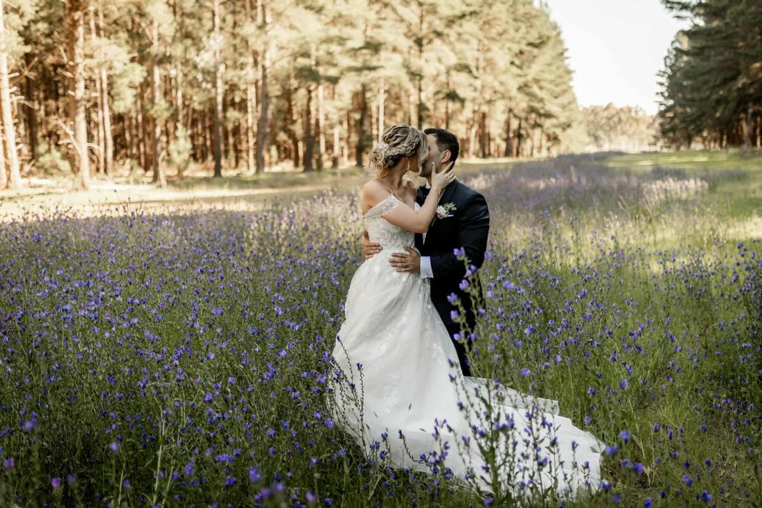 Bride and groom kissing in a lavender field